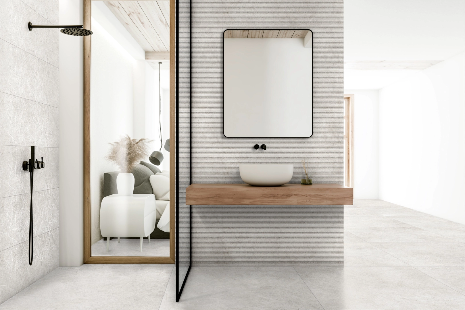 Gres porcelanowy Ragno Richmond efekt kamień w nowoczesnej aranżacji salonu