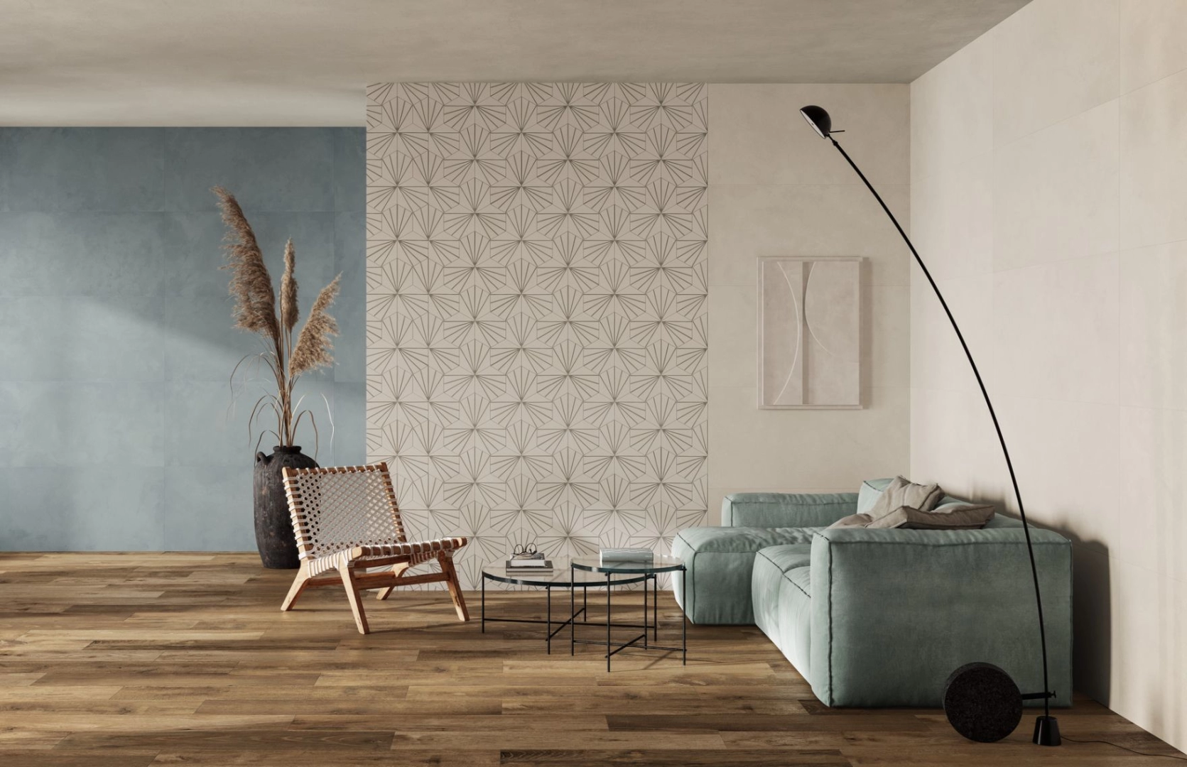 Ragno Stratford gres o efekcie kamień, Beton w eleganckim wnętrzu z kominkiem
