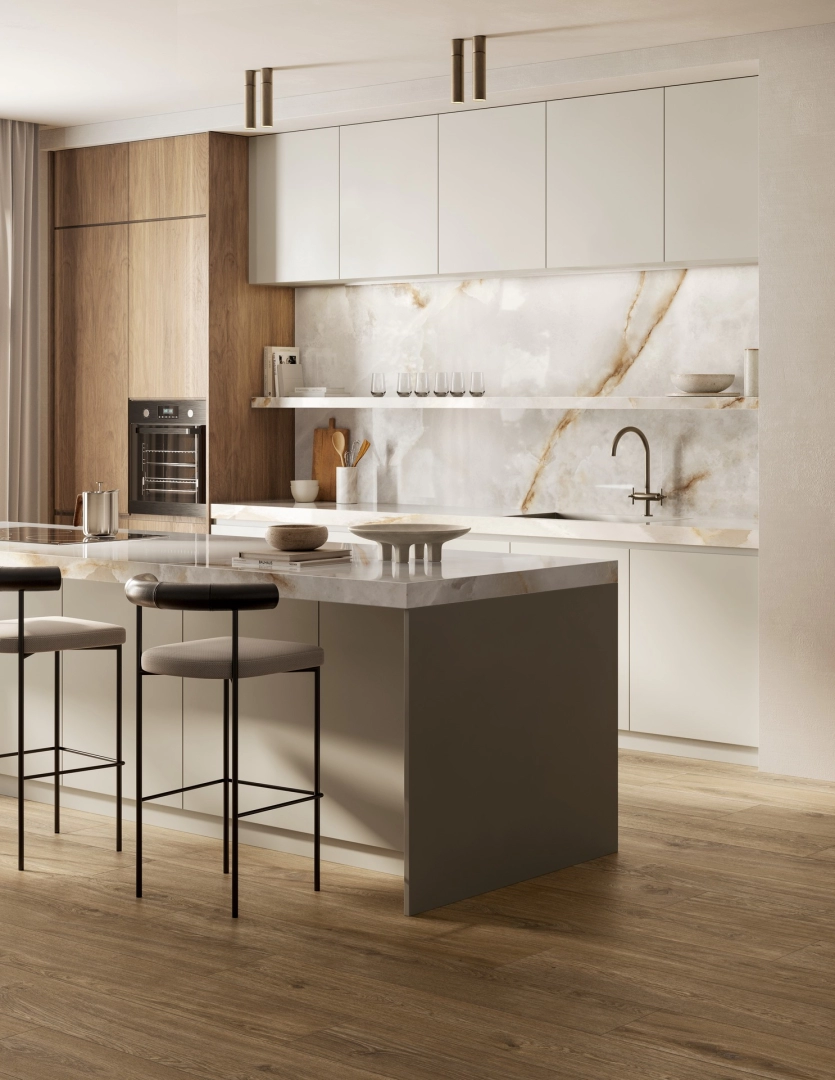 Gres porcelanowy Ragno Ossimori efekt drewno w przestronnej strefie dziennej