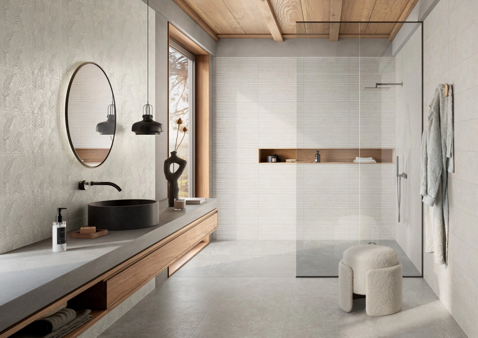 Płytki Ragno Tiempo Wall imitujące beton w eleganckim holu