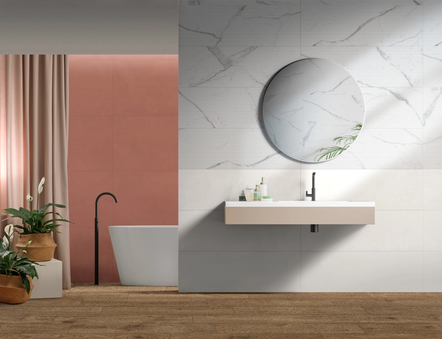 Gres Ragno Boheme efekt drewno w minimalistycznym salonie