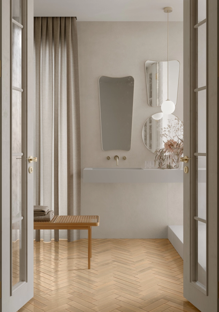 Ragno Maiora Concrete Effect – gres imitujący beton w jasnym, przestronnym salonie