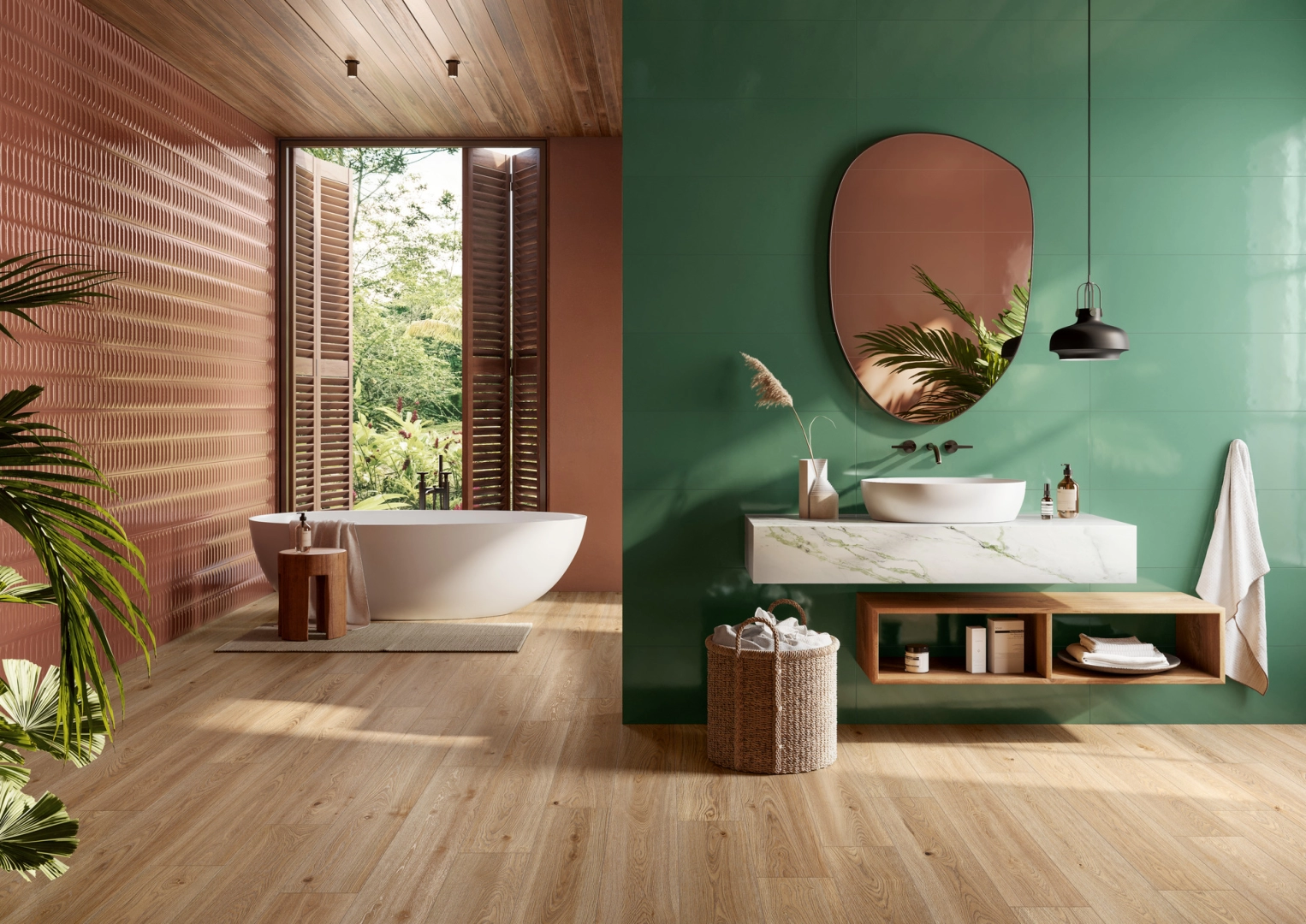 Gres porcelanowy Ragno Boheme efekt drewno w przestronnej strefie dziennej