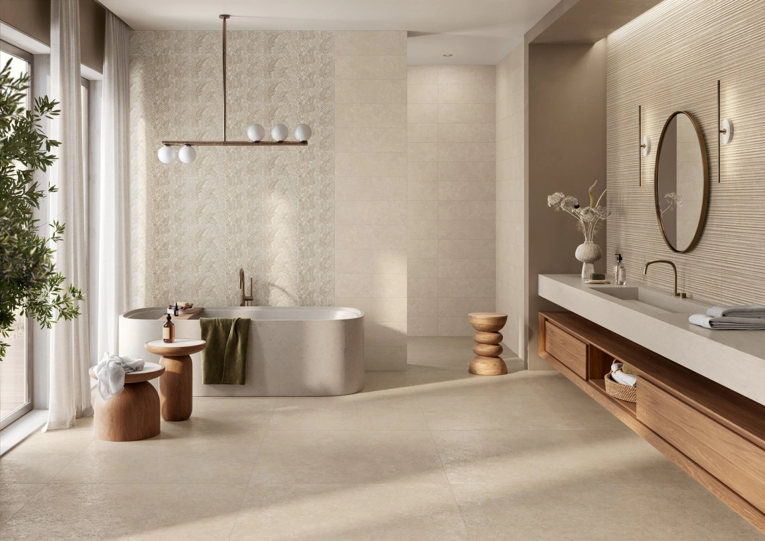 Gres porcelanowy Ragno Tiempo Wall efekt beton w nowoczesnej aranżacji salonu