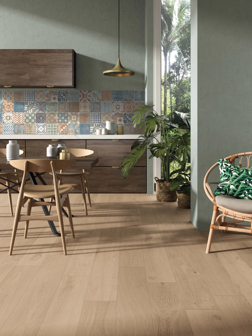 Gres abk PLAY efekt kamień, wzór, terrazzo, beton - aranzacja w minimalistycznym wnętrzu