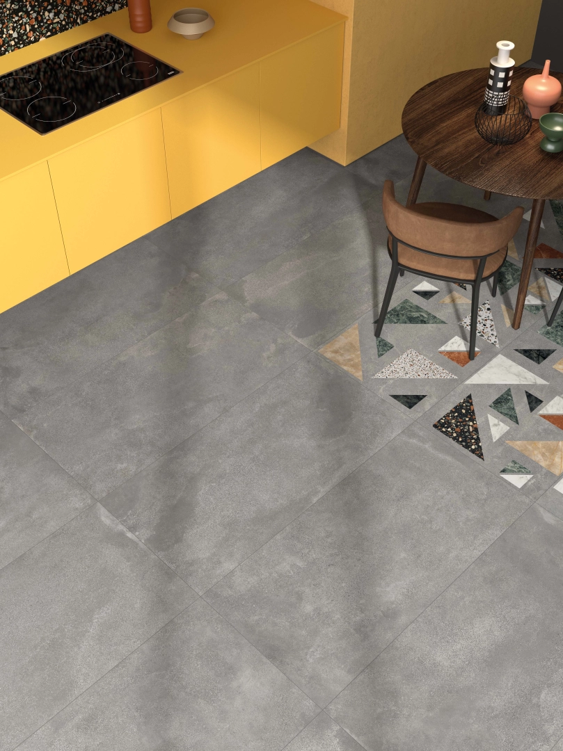 Gres abk PLAY efekt kamień, wzór, terrazzo, beton - aranzacja w przestronnym holu