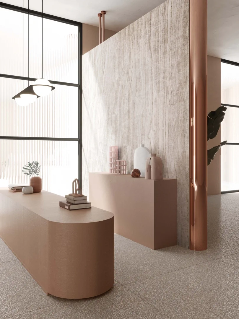 Gres Abk BLEND efekt beton, terrazzo - aranzacja w przestronnym holu