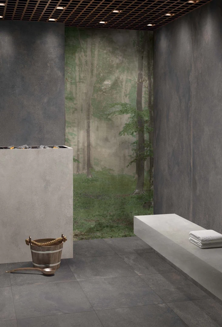 Gres Abk BLEND efekt beton, terrazzo - aranzacja w przestronnym holu