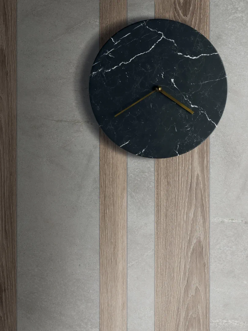 Gres Abk ATLANTIS efekt terrazzo, kamień - aranzacja w strefie dziennej z duzymi przeszkleniami