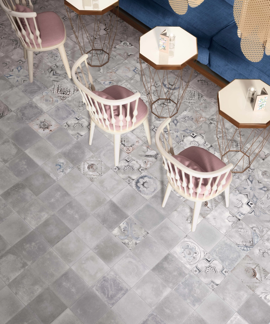 Gres abk PLAY efekt kamień, wzór, terrazzo, beton - aranzacja w nowoczesnym salonie