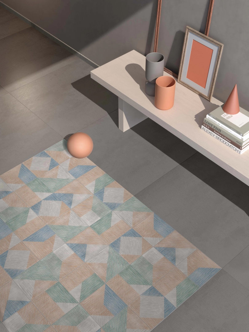 Gres abk PLAY efekt kamień, wzór, terrazzo, beton - aranzacja w nowoczesnym salonie