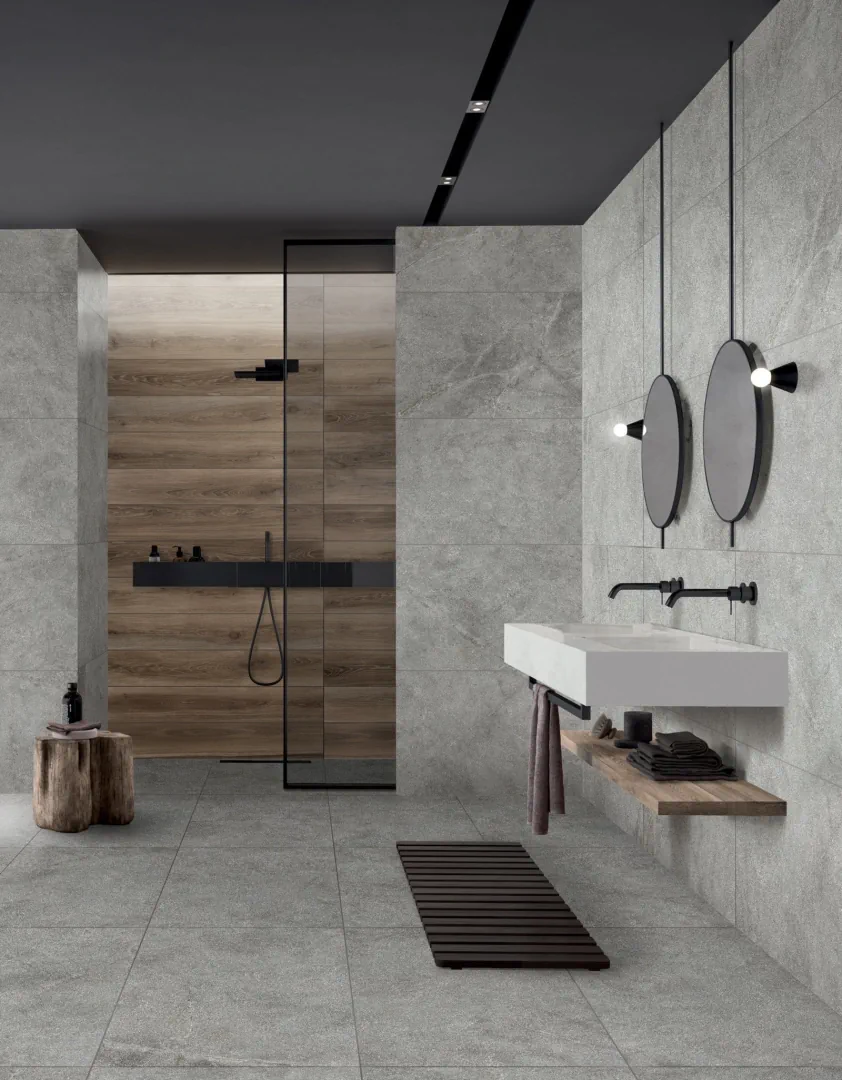 Gres Abk ATLANTIS efekt terrazzo, kamień - aranzacja w nowoczesnym salonie