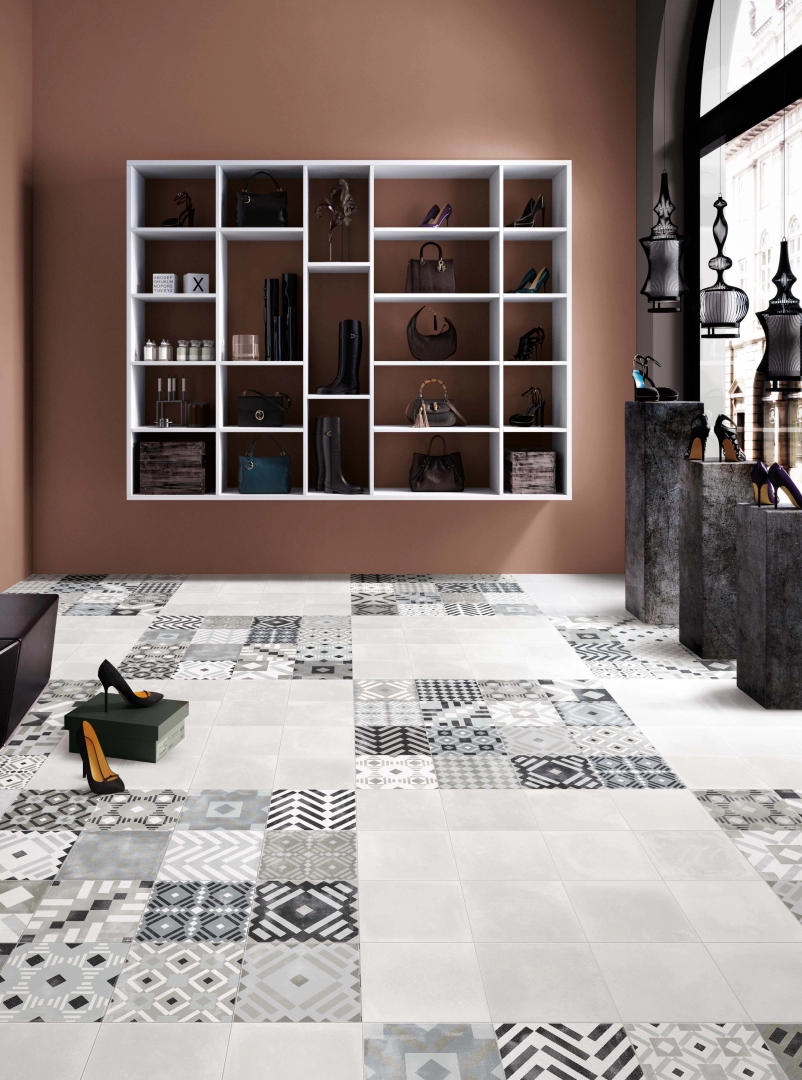 Gres abk PLAY efekt kamień, wzór, terrazzo, beton - aranzacja w eleganckiej łazience