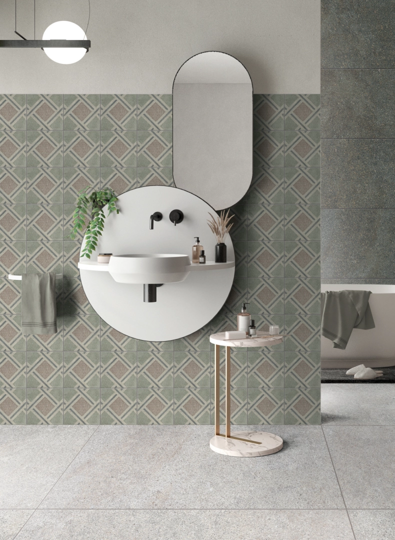 Gres abk PLAY efekt kamień, wzór, terrazzo, beton - aranzacja w eleganckiej łazience