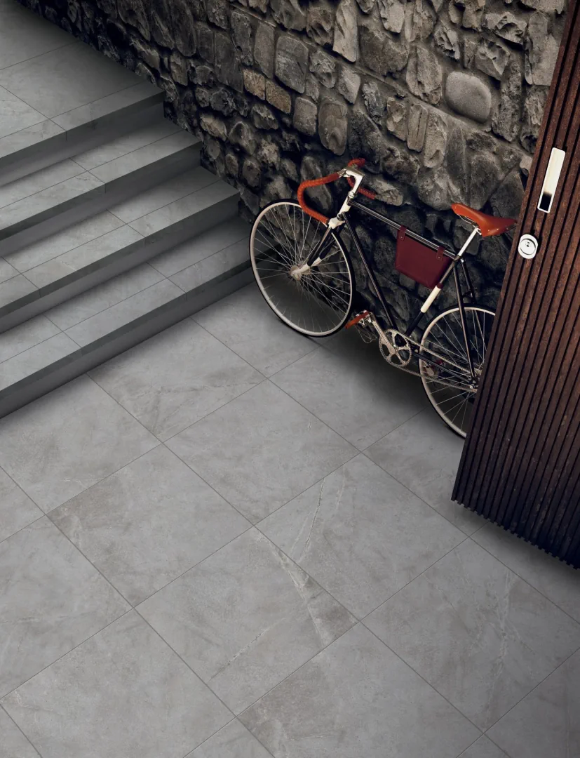 Gres Abk ATLANTIS efekt terrazzo, kamień - aranzacja w minimalistycznym wnetrzu