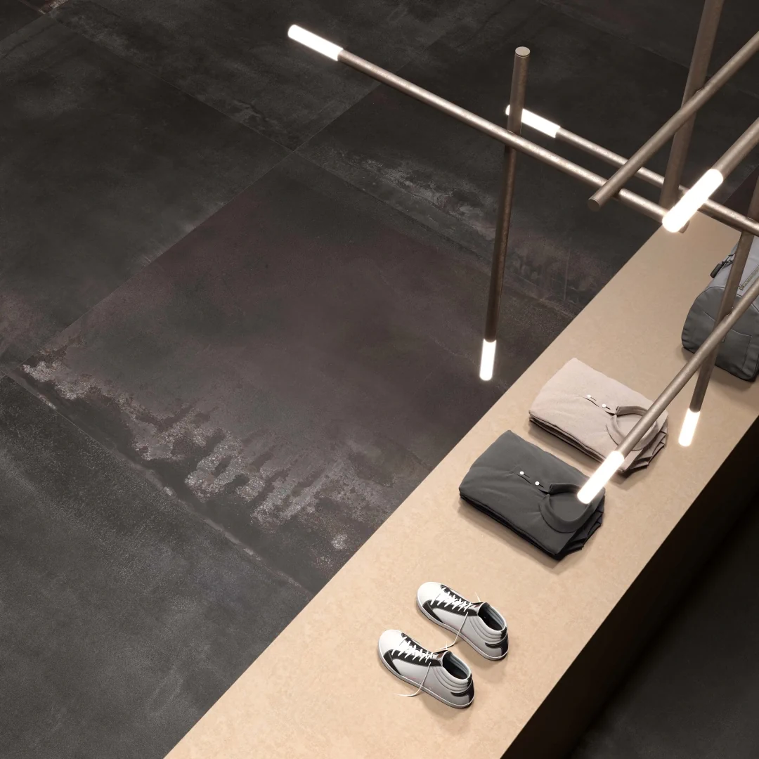 Gres Abk INTERNO 9 efekt metal - aranzacja w przestronnym holu