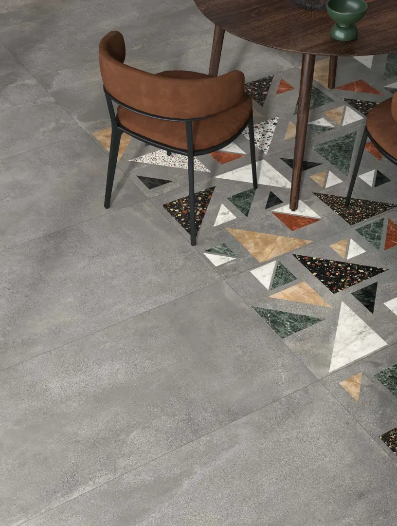 Gres Abk BLEND efekt beton, terrazzo - aranzacja w przy kominku