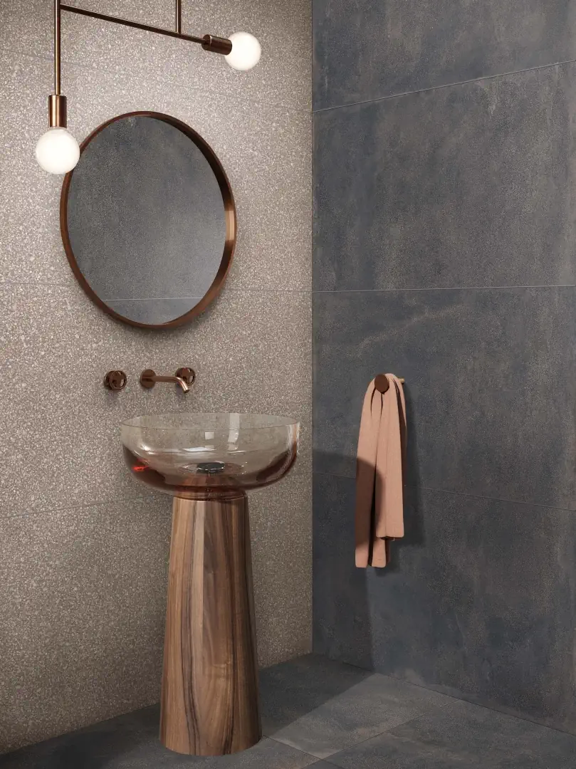 Gres Abk BLEND efekt beton, terrazzo - aranzacja w nowoczesnym salonie