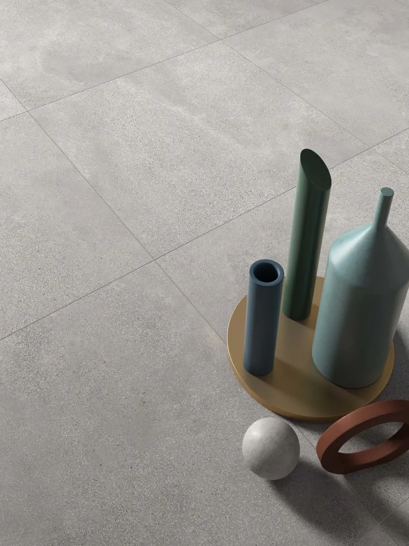 Gres Abk BLEND efekt beton, terrazzo - aranzacja w strefie dziennej z duzymi przeszkleniami