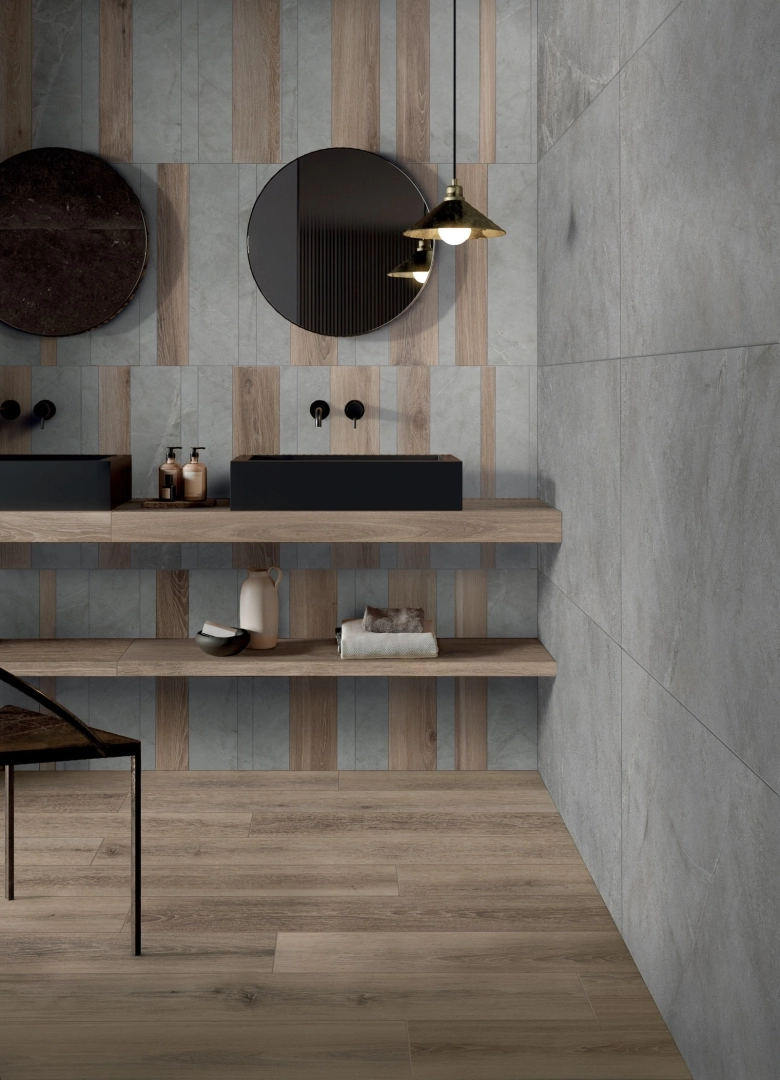 Gres Abk ATLANTIS efekt terrazzo, kamień - aranzacja w eleganckiej lazience