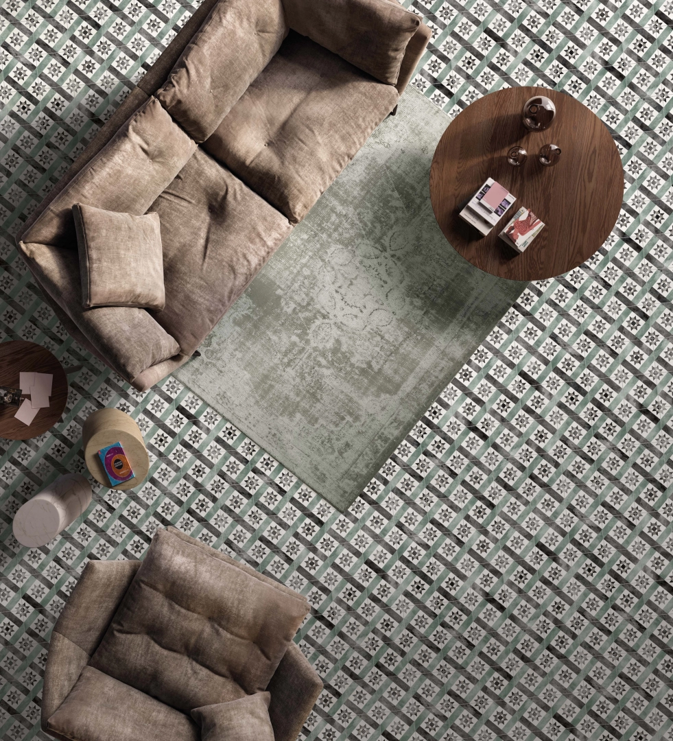 Gres abk PLAY efekt kamień, wzór, terrazzo, beton - aranzacja w eleganckiej łazience