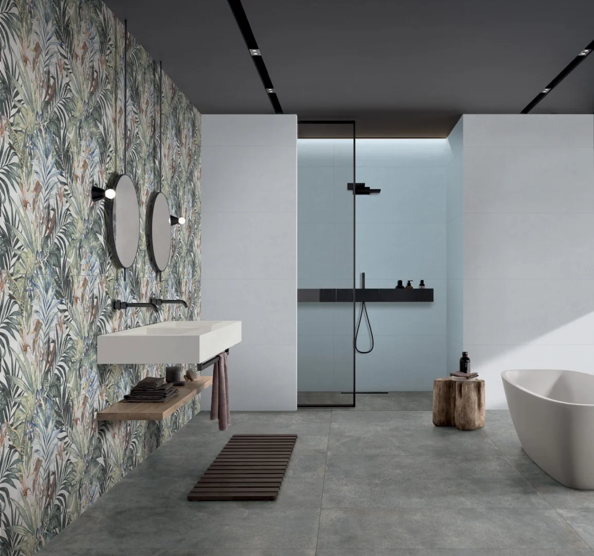 Gres Abk BLEND efekt beton, terrazzo - aranzacja w strefie dziennej z duzymi przeszkleniami