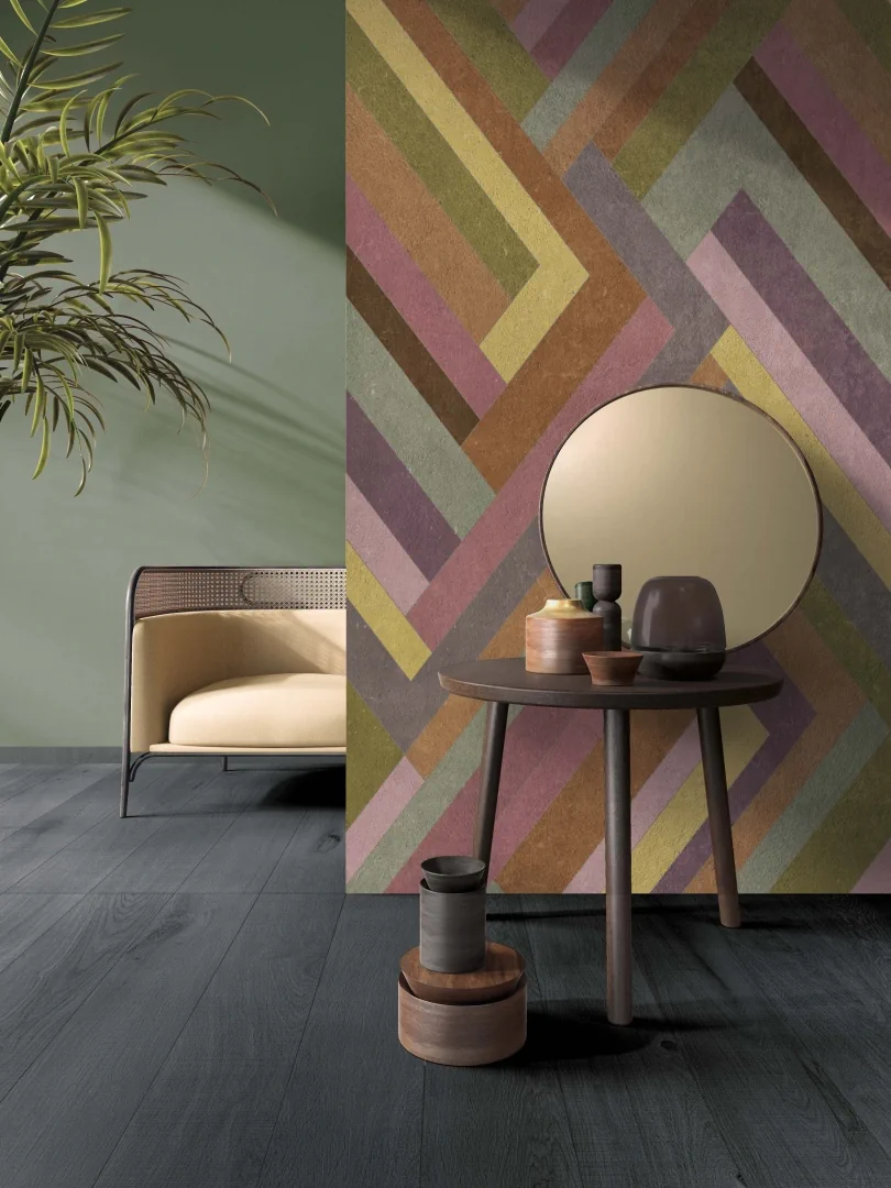 Gres Abk WIDE&STYLE efekt tapeta - aranzacja w przy kominku