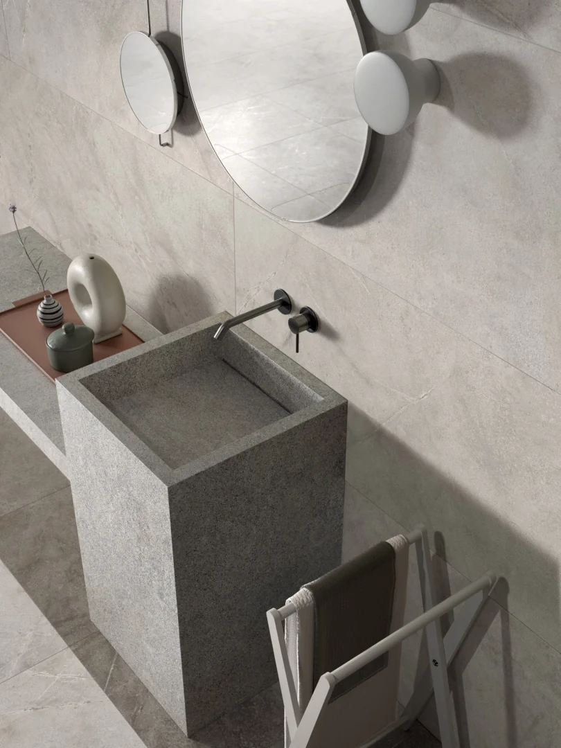 Gres Abk ATLANTIS efekt terrazzo, kamień - aranzacja w eleganckiej lazience