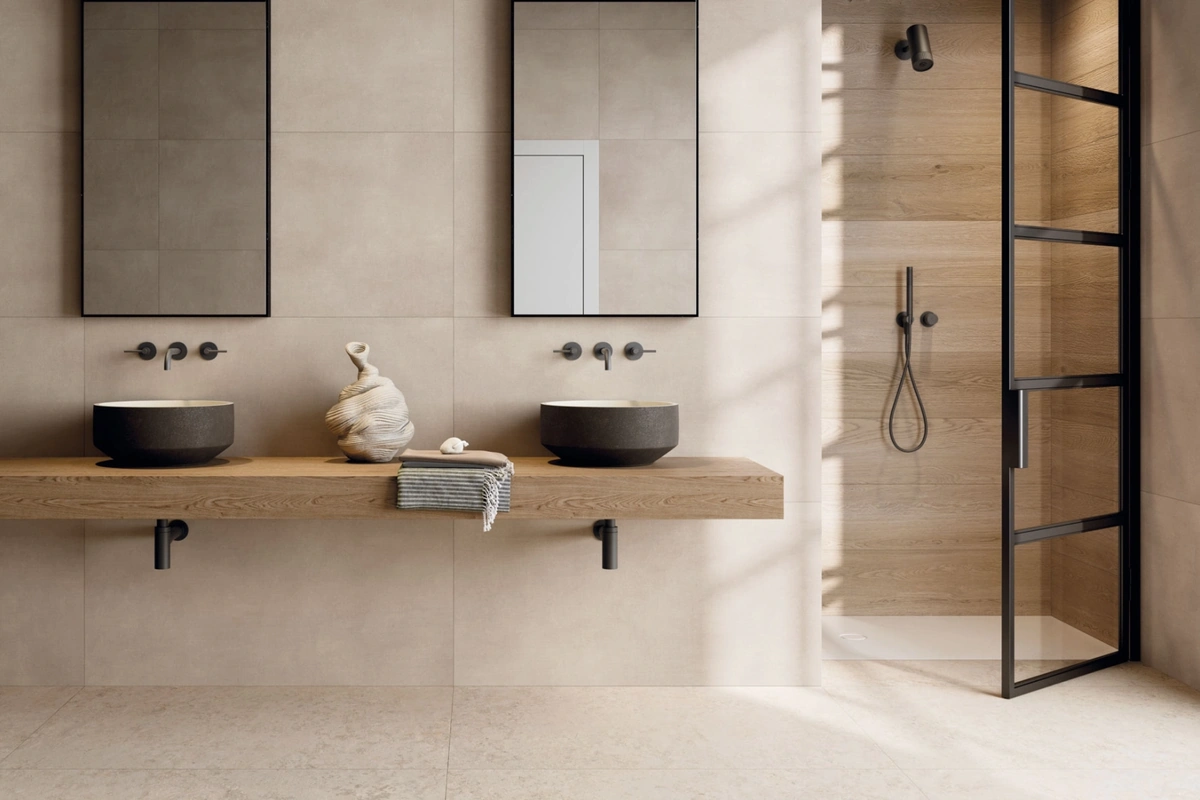 Gres Abk POETRY WOOD efekt drewno - aranzacja w eleganckiej lazience
