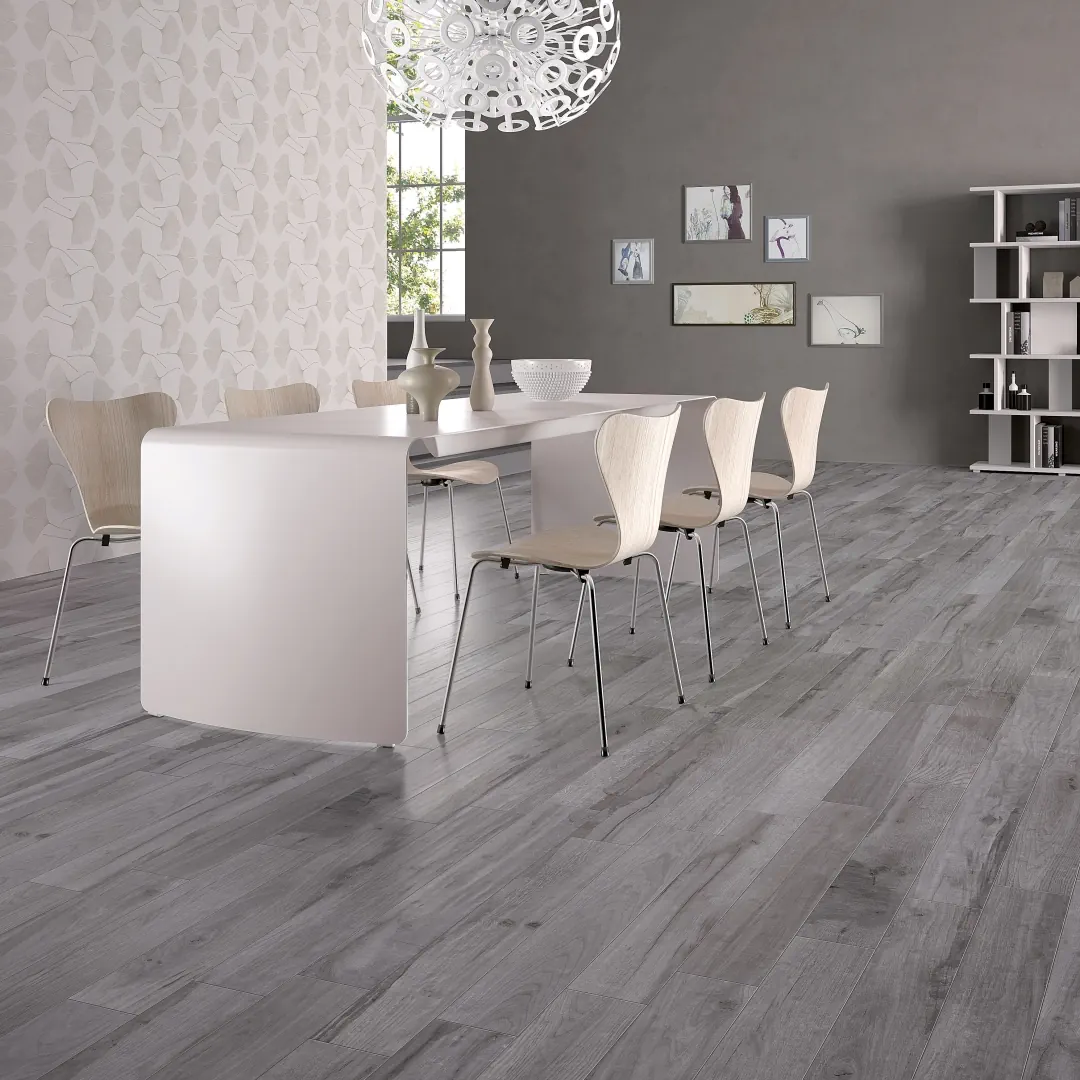 Gres Abk ATLANTIS efekt terrazzo, kamień - aranzacja w strefie dziennej z duzymi przeszkleniami
