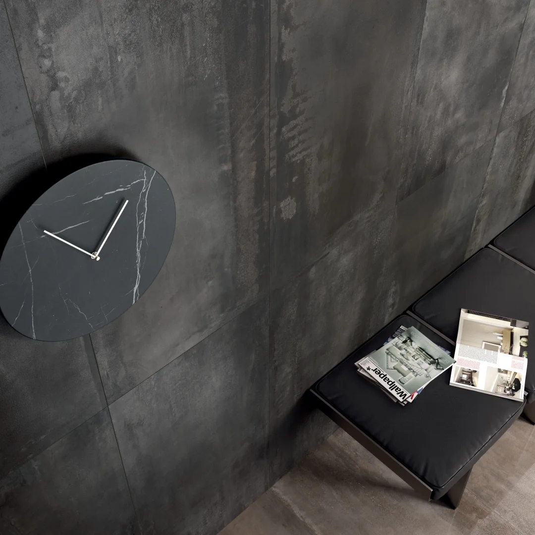 Gres Abk INTERNO 9 efekt metal - aranzacja w przy kominku