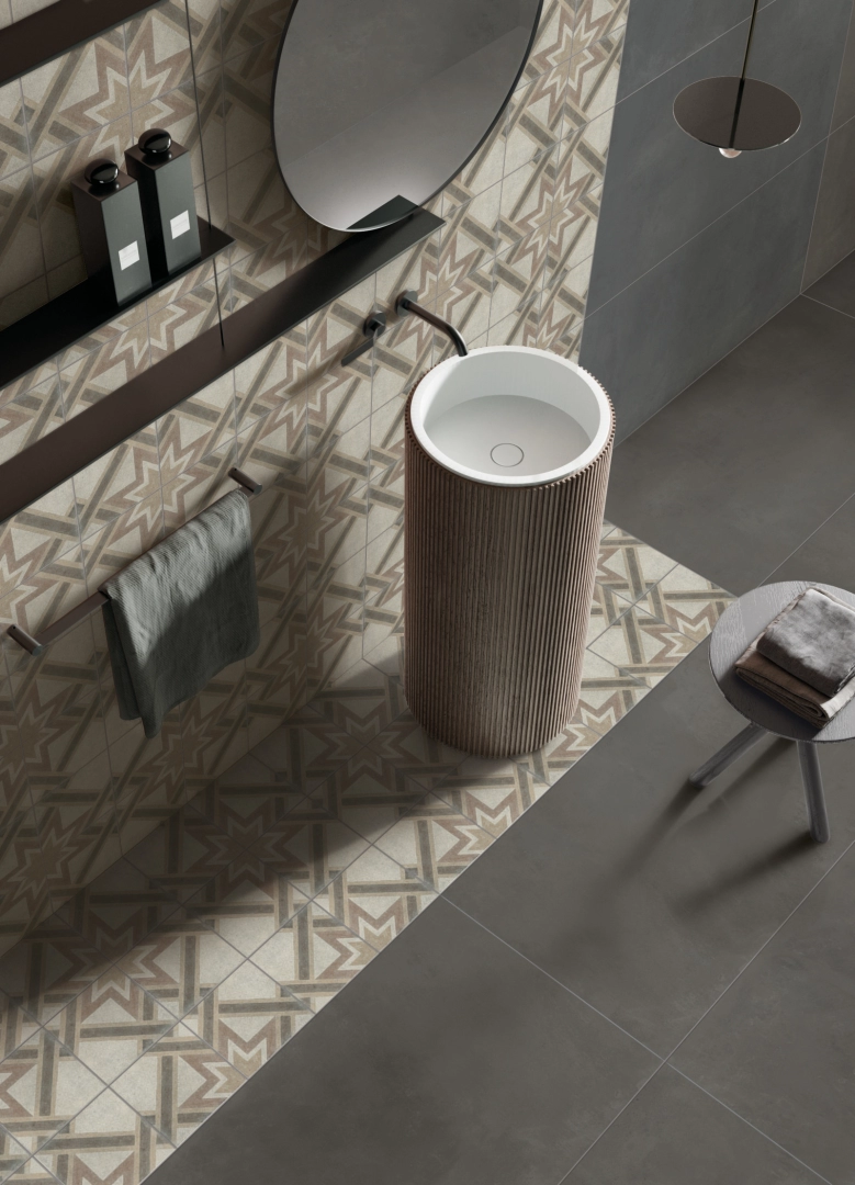 Gres abk PLAY efekt kamień, wzór, terrazzo, beton - aranzacja w minimalistycznym wnętrzu