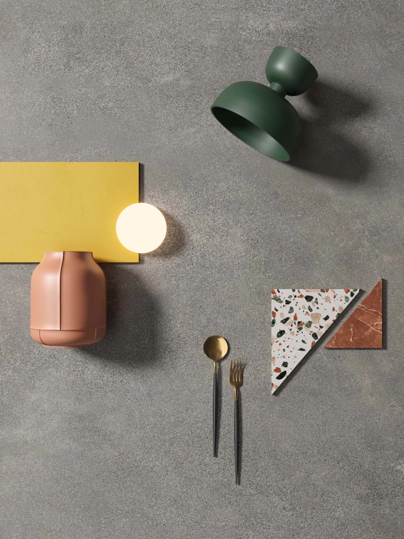 Gres abk PLAY efekt kamień, wzór, terrazzo, beton - aranzacja w minimalistycznym wnętrzu