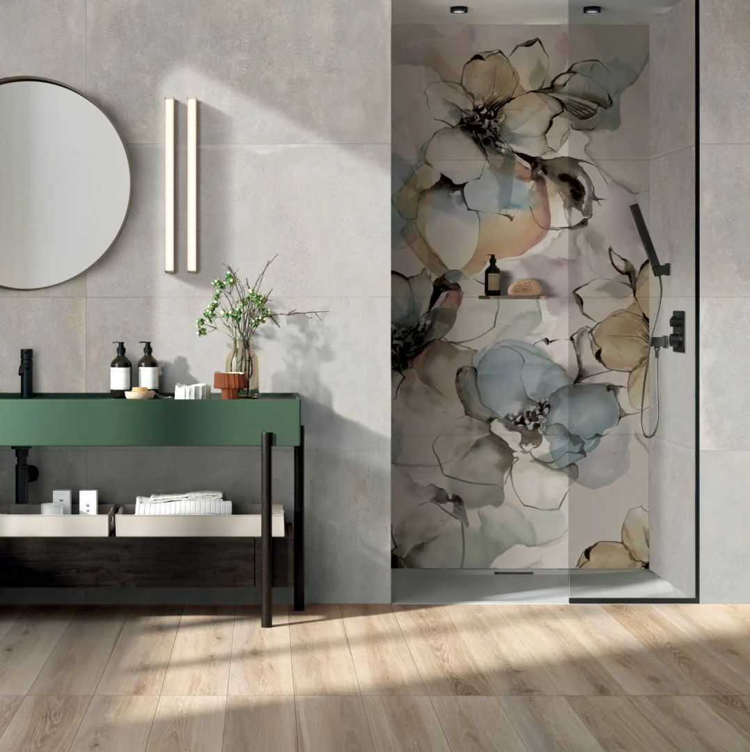 Gres Abk BLEND efekt beton, terrazzo - aranzacja w eleganckiej lazience