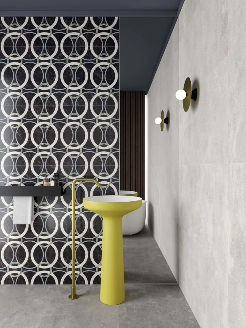 Gres Abk BLEND efekt beton, terrazzo - aranzacja w przy kominku