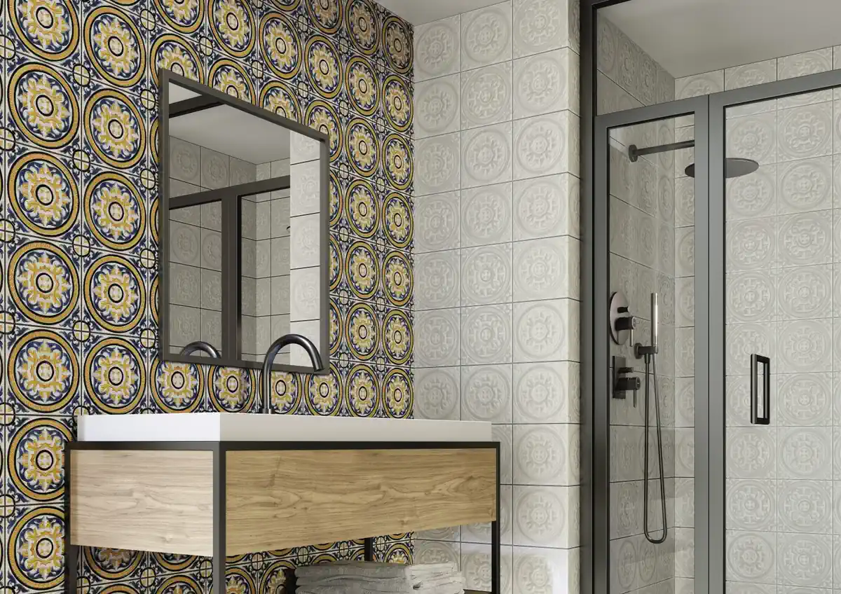 Gres Apavisa OPUS efekt wzór - aranzacja w eleganckiej lazience