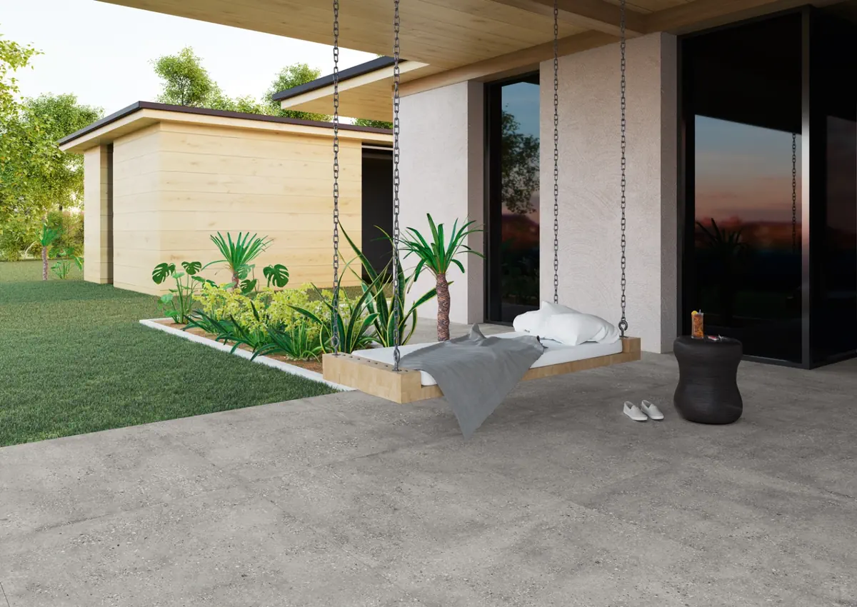 Gres Apavisa WIND efekt terrazzo, wzór - aranzacja w nowoczesnym salonie