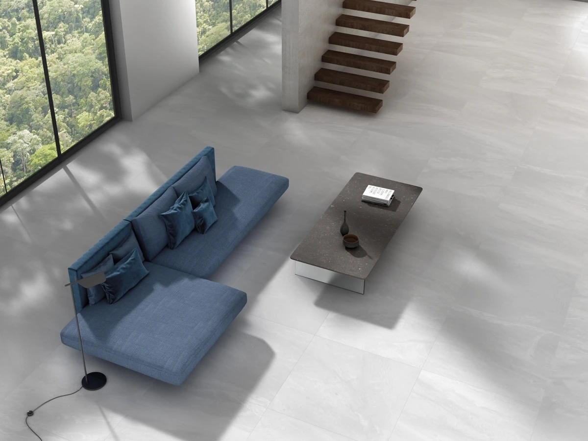 Gres Apavisa AQUARELA efekt marmur - aranzacja w minimalistycznym wnetrzu