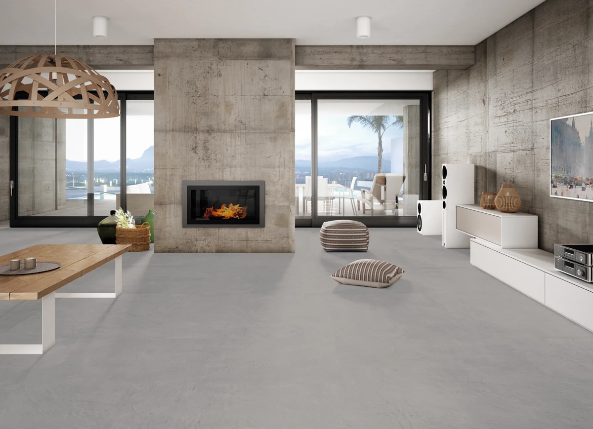 Gres Apavisa EQUINOX efekt beton - aranzacja w minimalistycznym wnetrzu
