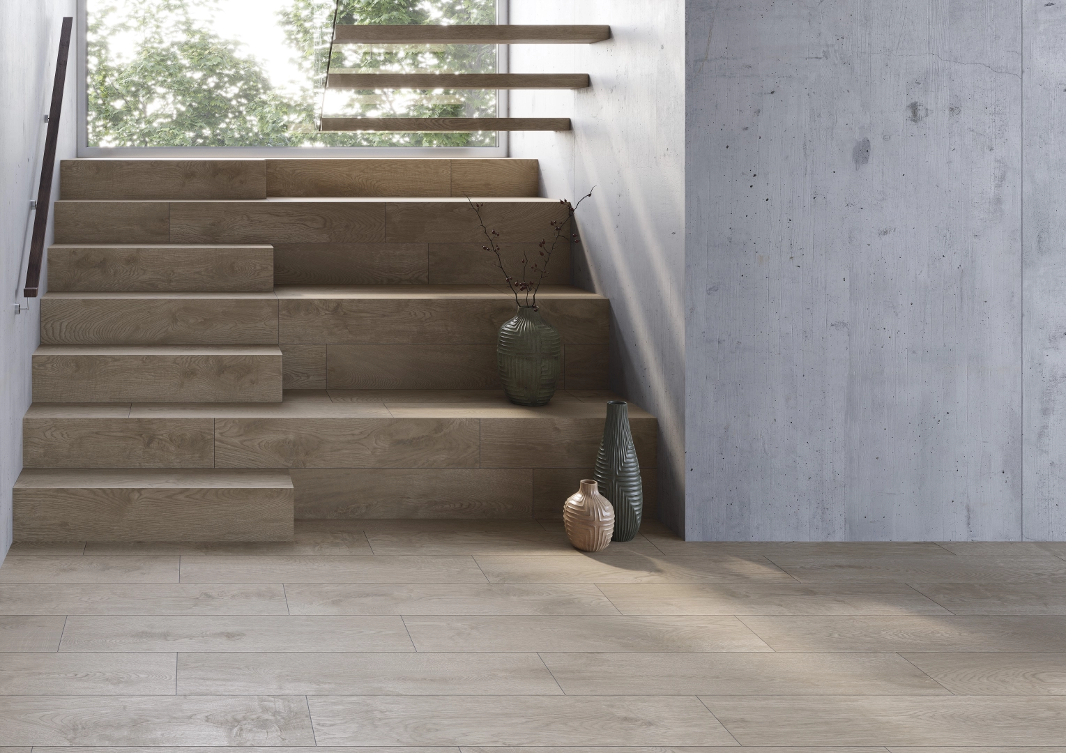 Gres Apavisa CASSERO efekt beton - aranzacja w korytarzu z naturalnym swiatlem
