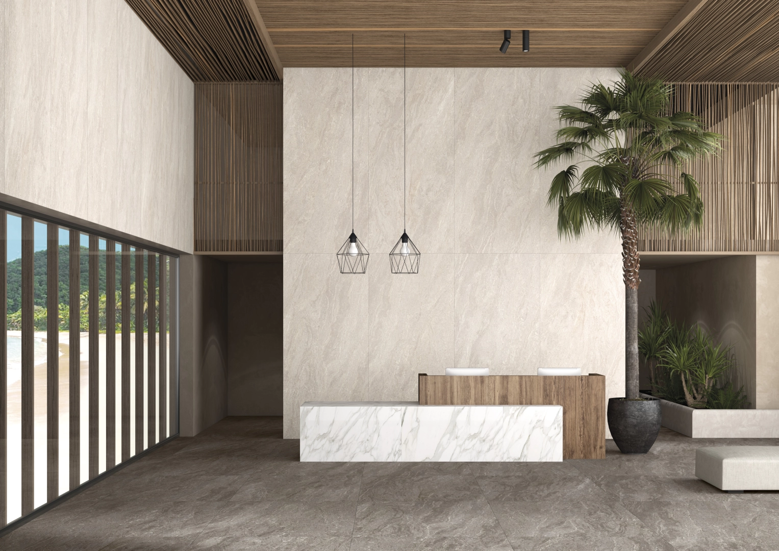 Gres Apavisa MYSTONE efekt beton - aranzacja w nowoczesnym salonie