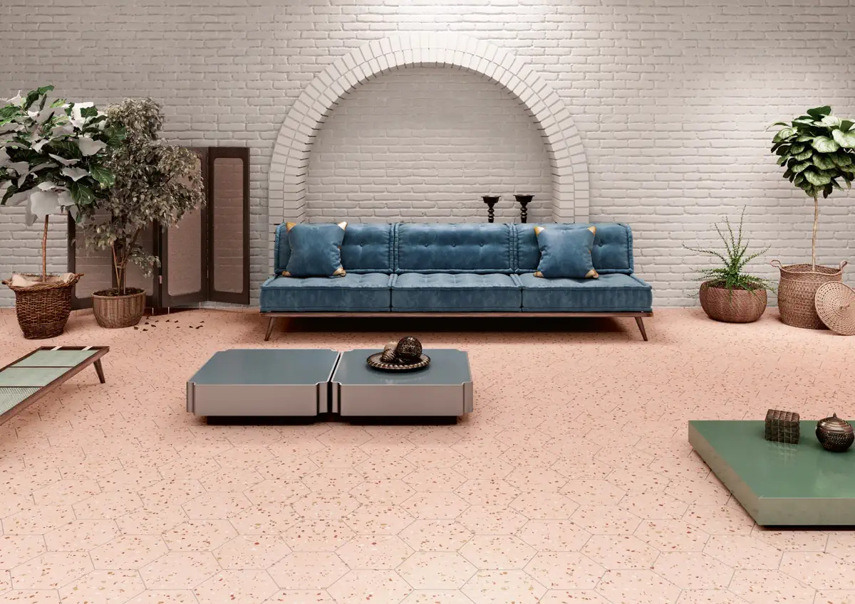 Gres Apavisa SOUTH efekt terrazzo - aranzacja w eleganckiej lazience