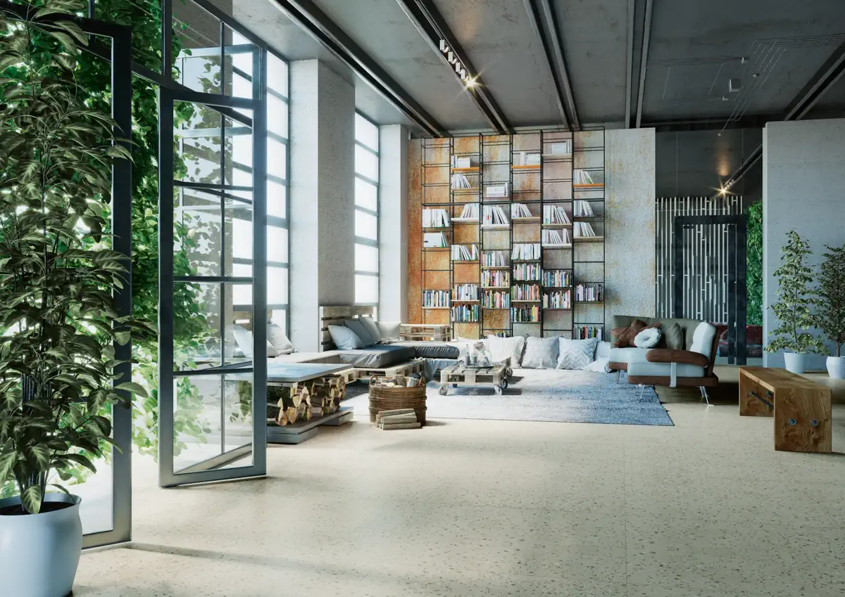 Gres Apavisa SOUTH efekt terrazzo - aranzacja w minimalistycznym wnetrzu