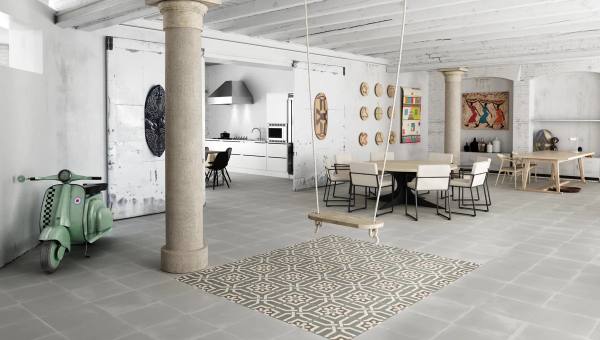 Gres Apavisa ENCAUSTIC efekt kamień, wzór - aranzacja w eleganckiej lazience