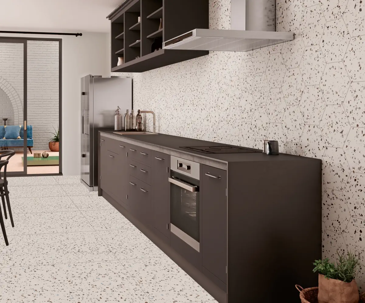 Gres Apavisa SOUTH efekt terrazzo - aranzacja w nowoczesnym salonie