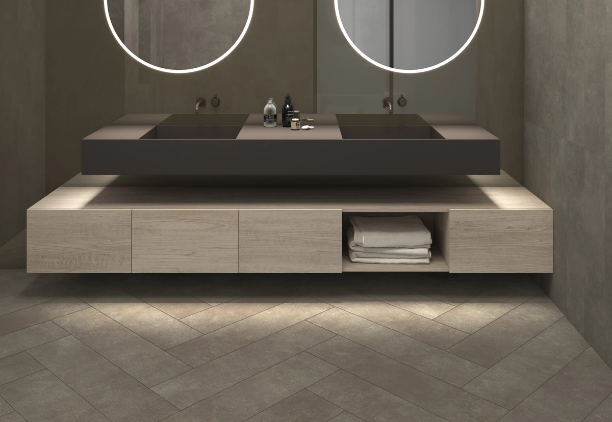 Gres Apavisa ARIA efekt metal - aranzacja w eleganckiej lazience