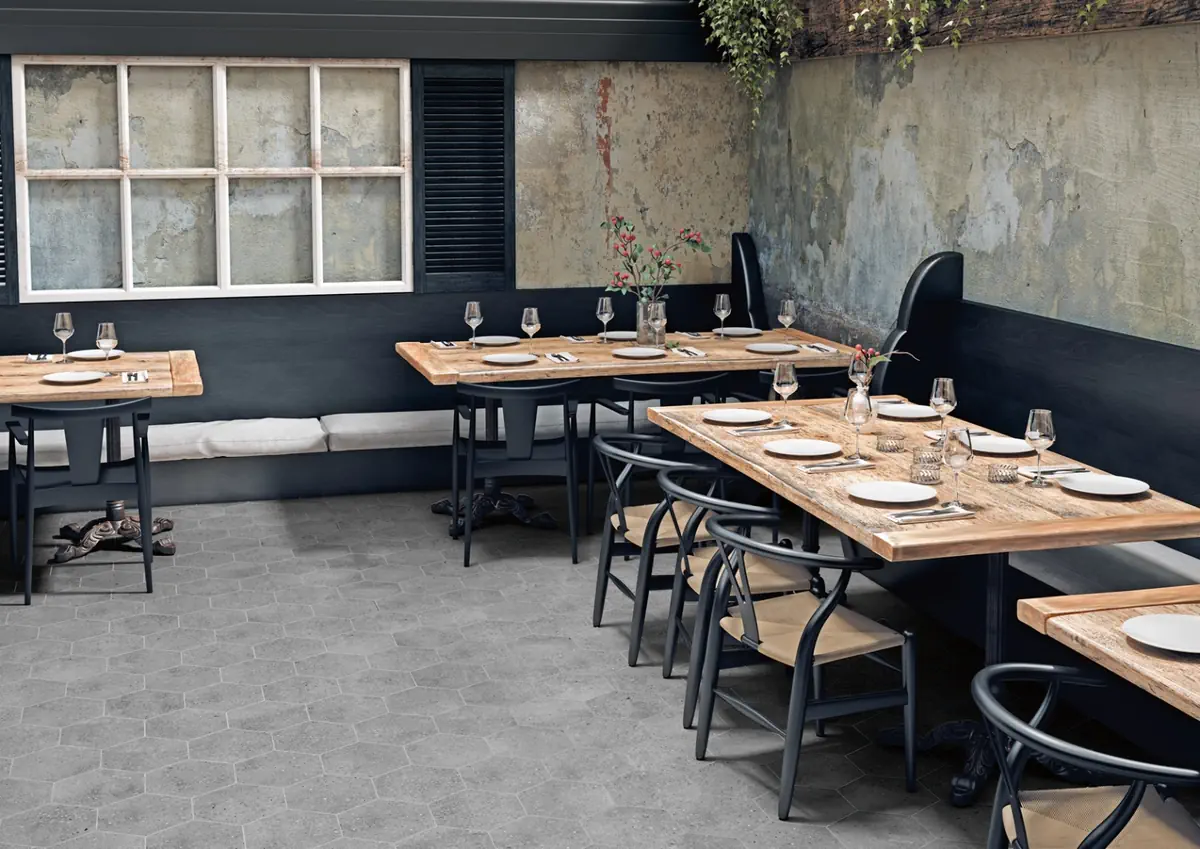 Gres Apavisa WIND efekt terrazzo, wzór - aranzacja w eleganckiej lazience