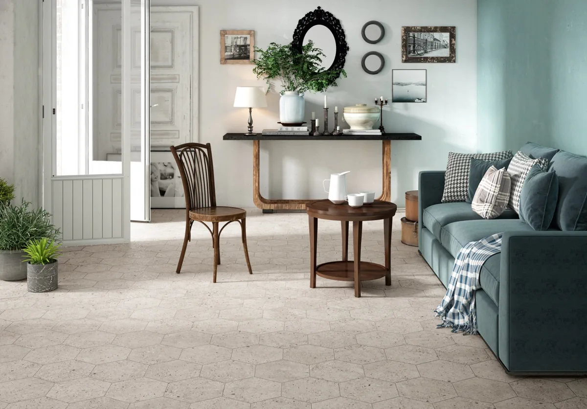Gres Apavisa WIND efekt terrazzo, wzór - aranzacja w minimalistycznym wnetrzu