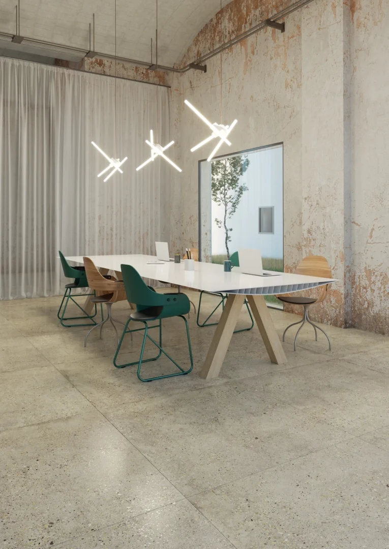 Gres Apavisa WIND efekt terrazzo, wzór - aranzacja w przestronnym holu