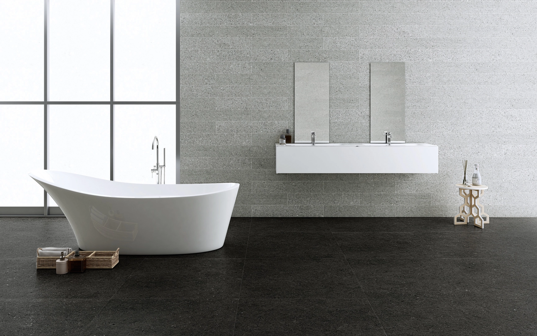 Gres Apavisa NANOCONCEPT efekt kamień - aranzacja w eleganckiej lazience